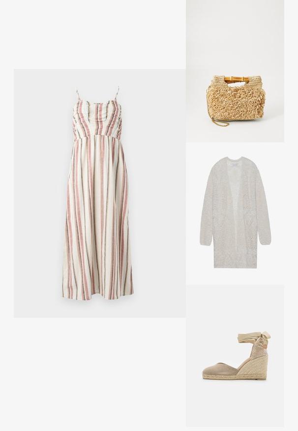 Cardigan en maille ouverte de couleur beige clair. Présente un motif texturé avec des formes géométriques, des manches larges et une coupe ample.; Robe maxi en tissu crème avec des rayures verticales multicolores en rouge, bleu et gris. Dotée de bretelles spaghetti et d'un corsage froncé.; Espadrille beige à talon compensé avec une tige en tissu texturé, un talon en jute tissé et un lien en ruban à la cheville pour un maintien sécurisé.; Sac en paille tissée avec des poignées en bambou, présentant un design à franges texturé en beige naturel et une bandoulière en chaîne dorée.