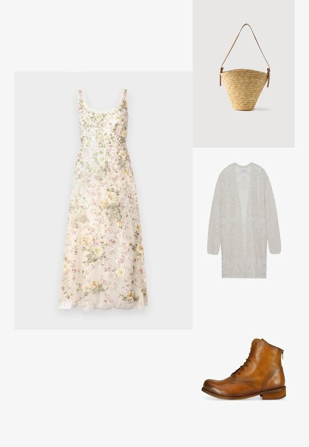Avatud kudumisega kardigan helesinisest beezist. Omab tekstuurmustrit geomeetriliste kujunditega, laiad varrukad ja vabalt langev lõike.; Needle & Thread FLORINE SCOOP NECK BALLERINA DRESS - Pidulikud riided - cream; Pruun nahkanee kottidega saabas, millel on ümmargune nina, nööriga eesmine osa, külgmine tõmblukk ja madal puidust konts. Saabasel on õrn reljeefne logo kontsal.; Punutud olabaskott laia põhjaga, kitsa ülaosaga ja reguleeritava pruuni nahast õlarihmaga.