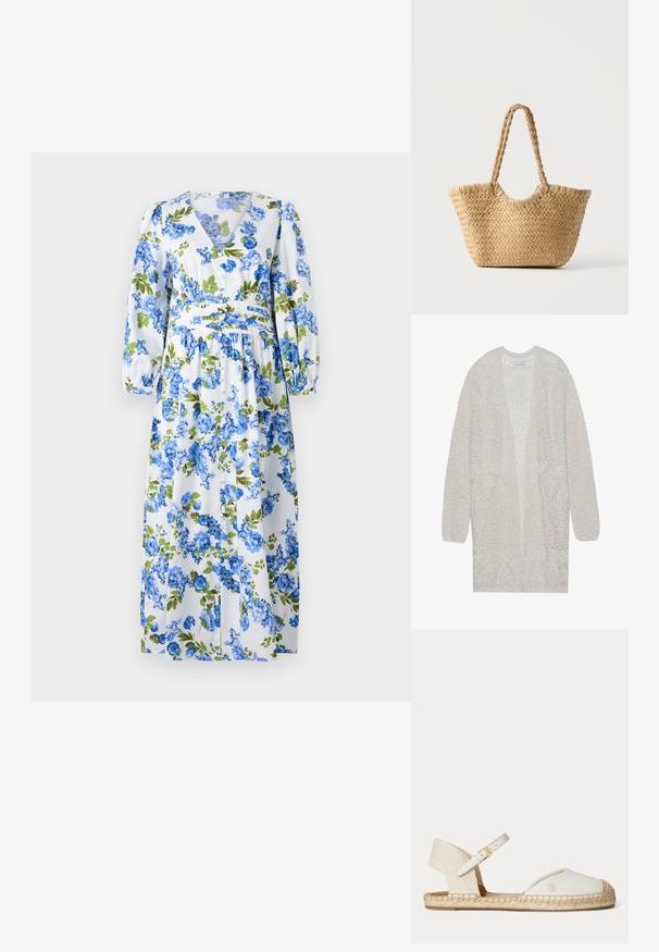 Cardigan en maille ouverte de couleur beige clair. Présente un motif texturé avec des formes géométriques, des manches larges et une coupe ample.; Robe maxi florale avec un fond blanc ornée de motifs de fleurs bleues et vertes, décolleté en V, manches bouffantes longues et taille cintrée.; Sandale espadrille blanche avec talon tressé, bride de cheville avec boucle dorée et logo "RL" sur la pointe en toile, semelle plate en jute.; Sac cabas en paille tressée avec large base, poignées tressées et couleur beige naturel sur fond blanc uni.