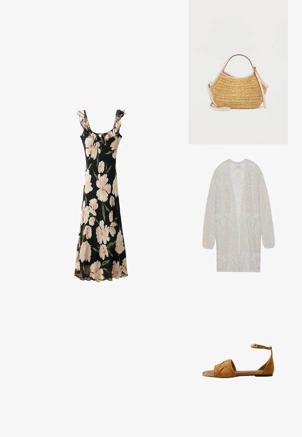 Cardigan en maille ouverte de couleur beige clair. Présente un motif texturé avec des formes géométriques, des manches larges et une coupe ample.; Robe noire avec des fleurs larges de couleur rose pâle, un col volanté, un lien réglable et un design en tissu fluide et transparent.; Sandale plate marron avec bride avant tissée et bride de cheville avec fermeture à boucle sur fond blanc.; Sac à main tissé beige de forme arrondie, doté d'une poignée en cuir crème et d'une bandoulière ajustable avec un détail de boucle en métal doré.