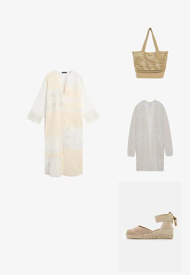 Open-gebreide cardigan in lichtbeige. Beschikt over een textuurpatroon met geometrische vormen, brede mouwen en een losse pasvorm.; Lange beige en witte jurk met patchworkontwerp en kanten details op de mouwen, borst en zoom, met een V-halsopening.; Beige espadrille met een canvas bovenwerk, een gestructureerde geweven hak en een gevlochten juten zool; heeft een gestrikte enkelband voor een veilige pasvorm.; Beige geweven tote tas met open gebreid patroon, stevige bodem, twee schouderriemen en kleine ronde knoopsluiting bovenaan in het midden.