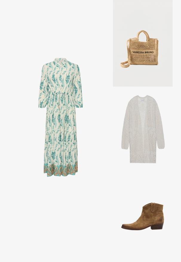 Cárdigan de punto abierto en beige claro. Presenta un patrón texturizado con formas geométricas, mangas anchas y un corte holgado.; Vestido largo y ligero con un patrón floral en verde azulado y blanco. Presenta un escote alto, mangas largas y un dobladillo decorativo dorado.; Botas de tobillo de ante marrón con punta afilada, detalles de costura y un tacón apilado corto. Con elastano en los laterales para facilitar el uso.; Bolso tejido beige con dos asas, correa larga, diseño de tejido abierto y "VANESSA BRUNO" bordado en negro en la parte frontal.