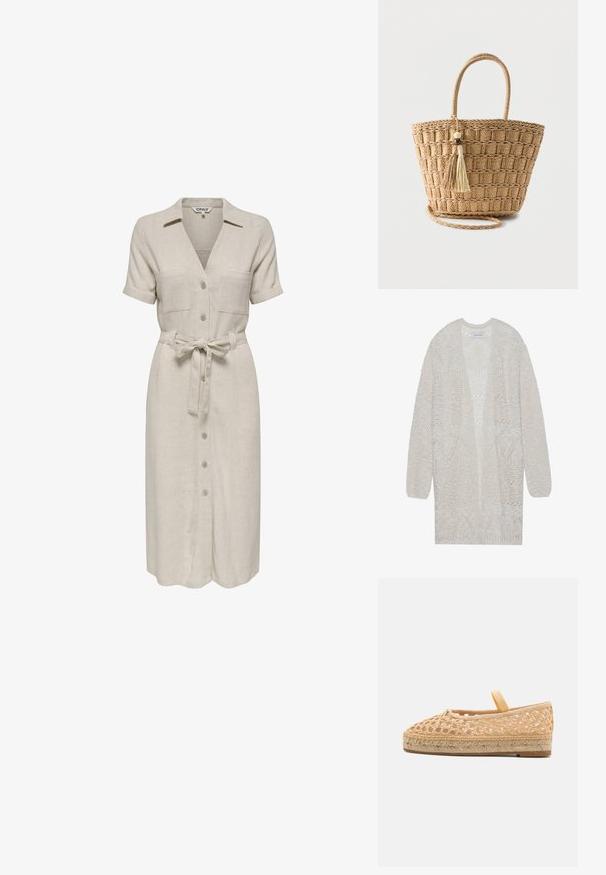 Åbenstrikket cardigan i lys beige. Har et tekstureret mønster med geometriske former, brede ærmer og en løs pasform.; Beige linnedragt med krave, kortærmer, to brystlommer, bælte i taljen og knaplukning foran.; Loeffler Randall KAYLA - Espadrilles - natural; Flettet stråtaske med runde håndtag, firkantet mønster og to hængende kvaster med træperler på en ensfarvet baggrund.