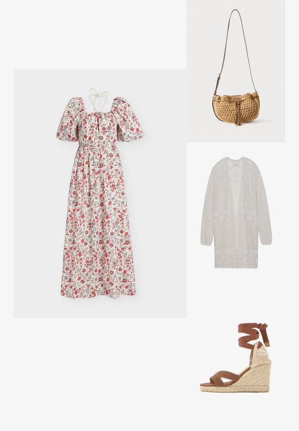 Cardigan en maille ouverte de couleur beige clair. Présente un motif texturé avec des formes géométriques, des manches larges et une coupe ample.; Robe longue blanche avec manches bouffantes, imprimé floral rouge et violet, taille cintrée et fines bretelles nouées dans le dos.; Sandale espadrille compensée avec plateforme en jute tressé, brides en tissu marron croisant les orteils, et long lien à nouer autour de la cheville avec contrefort tissé au talon.; Petit sac d'épaule tressé beige avec bandoulière en cuir marron réglable et détail de lien en cuir à l'avant, suspendu sur fond blanc.