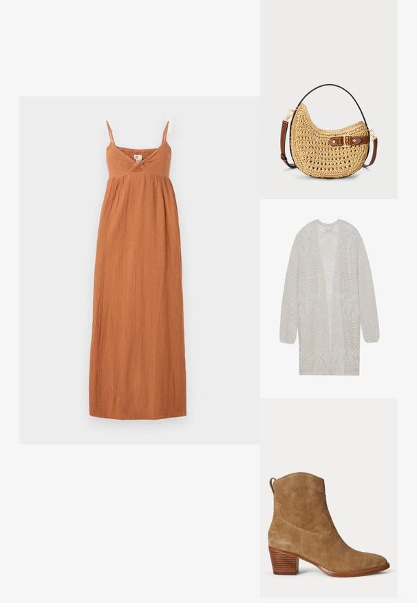 Cardigan en maille ouverte de couleur beige clair. Présente un motif texturé avec des formes géométriques, des manches larges et une coupe ample.; Robe longue couleur rouille en tissu léger. Comprend des bretelles spaghetti ajustables, un corsage froncé et une jupe fluide. Fini texturé.; Bottine en daim marron avec talon bas empilé en bois et languette à l'arrière sur un fond clair uni.; Sac hobo en paille tissée avec une forme courbée, une sangle en cuir marron avec une boucle et une couleur beige naturel. Surface texturée avec des coutures visibles.