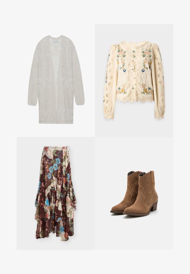 Cardigan en maille ouverte de couleur beige clair. Présente un motif texturé avec des formes géométriques, des manches larges et une coupe ample.; Blouse en dentelle crème avec de longues manches bouffantes et une broderie florale multicolore complexe sur le devant et les manches.; Jupe longue fleurie en tissu semi-transparent. Elle présente des volants sur l'ourlet, des motifs floraux multicolores sur un fond marron foncé et un cordon de serrage.; Bottines en daim marron avec un design de couture incurvé, bout pointu et talon empilé. Présente une texture douce et une couture décorative.