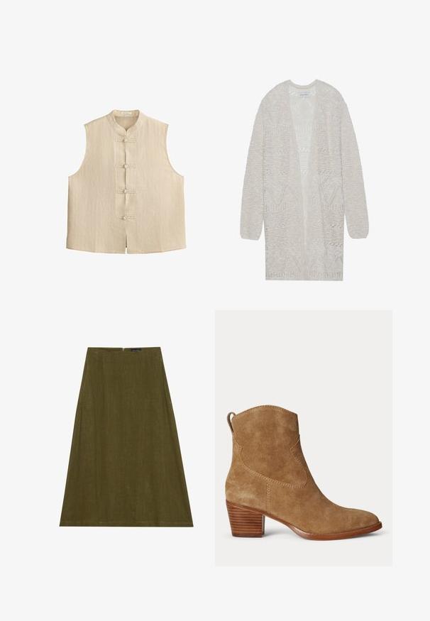 Cardigan en maille ouverte de couleur beige clair. Présente un motif texturé avec des formes géométriques, des manches larges et une coupe ample.; Veste sans manches beige avec col mandarin et quatre fermetures à boutons noués traditionnels sur le devant, présentant des fines rayures verticales.; Jupe A-line vert olive en tissu riche en texture, dotée d'une taille basique et d'une fermeture éclair discrète au dos. Pas d'ornements supplémentaires.; Bottine en daim marron avec talon bas empilé en bois et languette à l'arrière sur un fond clair uni.
