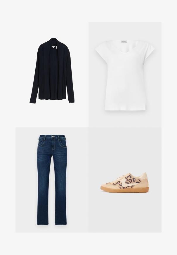 Dunkelblauer Cardigan mit gerippter Struktur, offenem Vorderteil, langen Ärmeln und Schalkragen. Aus einem glatten, dehnbaren Stoff gefertigt.; Weiße Bluse mit kurzen Ärmeln, rundem Ausschnitt und kleinem Markenetikett nahe dem Kragen.; Dunkelblaue Denim-Jeans mit geradem Bein, fünf Taschen, und einem standardmäßigen Knopfverschluss. Verfügt über dezente Stickdetails.; Löwenmuster-Sneaker mit beige Wildleder-Obermaterial, tanfarbener Gummisohle und weißen Akzenten. Runde Zehenform und Schnürdesign mit strukturiertem Finish.