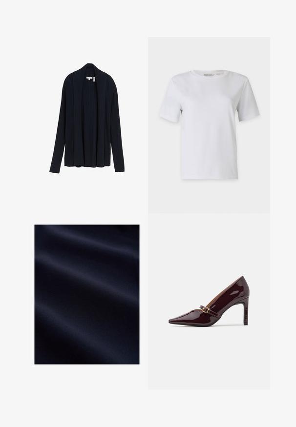 Mørkeblå cardigan med ribbet tekstur, åben front, lange ærmer og sjalskrave. Har et glat, strækbart stof.; Hvid kortærmet t-shirt lavet af glat bomuld. Har en rund hals og lige kant, uden mønstre eller udsmykninger.; Mørk navyblåt glat stof med bløde folder og subtil tekstur, der antyder et let og fint materiale.; Patenteret bordeaux højhælet sko med spidse tæer, ankelrem med guldhardware og en slank, poleret finish. Hævet stilettohæl.