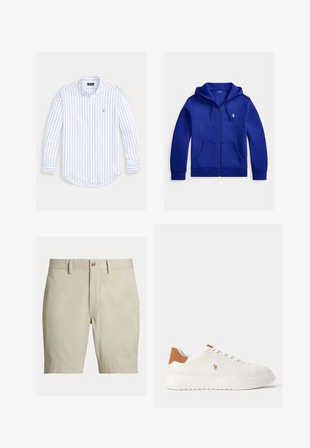 Modrá mikina na zips s prednými vreckami, kapucňou so sťahovacou šnúrkou a malým bielym logom Polo Ralph Lauren na ľavej strane hrudníka.; Košeľa s dlhým rukávom na gombíky, s bledomodrými zvislými pruhmi a malým vyšívaným logom na ľavej strane hrude.; Béžové šortky po kolená s pútkami na opasok, zapínaním na gombík a zipsom, zobrazené na bielom pozadí.; Biely nízky teniska s béžovou pätovou záložkou, bielymi šnúrkami a malým vyšívaným logom hráča póla na boku nad tlustou podrážkou.