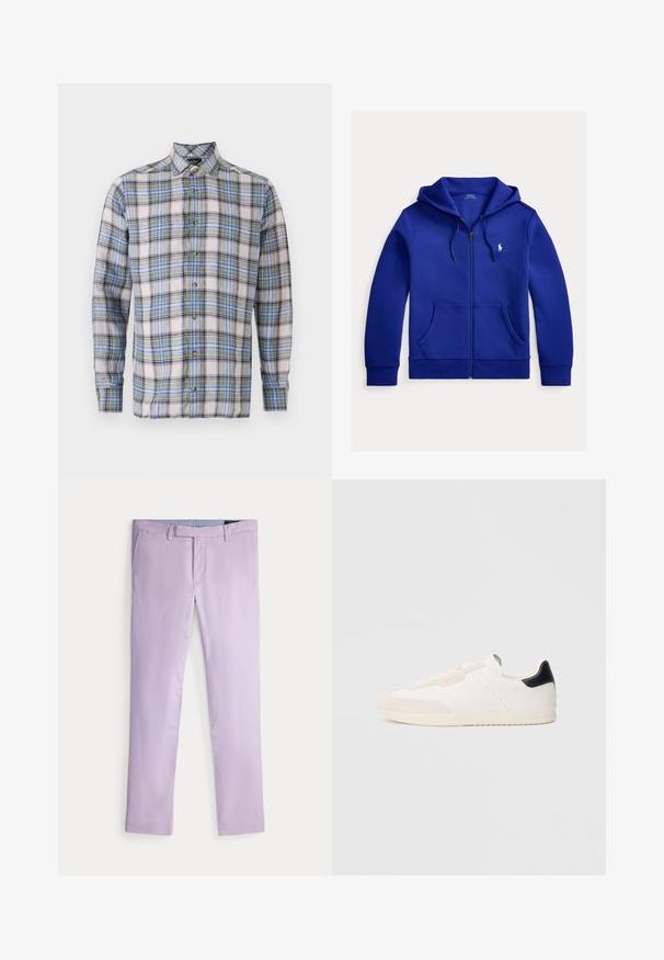 Sinine tõmblukuga kapuutsiga dressipluus esitaskute, nööriga kapuutsi ja vasakul rinnal väikese valge Polo Ralph Laureni logoga.; Ruuduline särk valgete, siniste, roheliste ja lilla toonidega. Omab nööpidega kaelust, pikki varrukaid ja esipoolseid nuppe. Kerge kangas.; Sirge säärega hele lilla värvi püksid vööaasade ja esitaskutega, asetatud lamedalt valgele taustale.; Valged nahast tossud seemisnahast aktsentidega, millel on must kannaosa, paelaga kinnitussüsteem, perforatsioonid ja peened brändielemendid küljel.