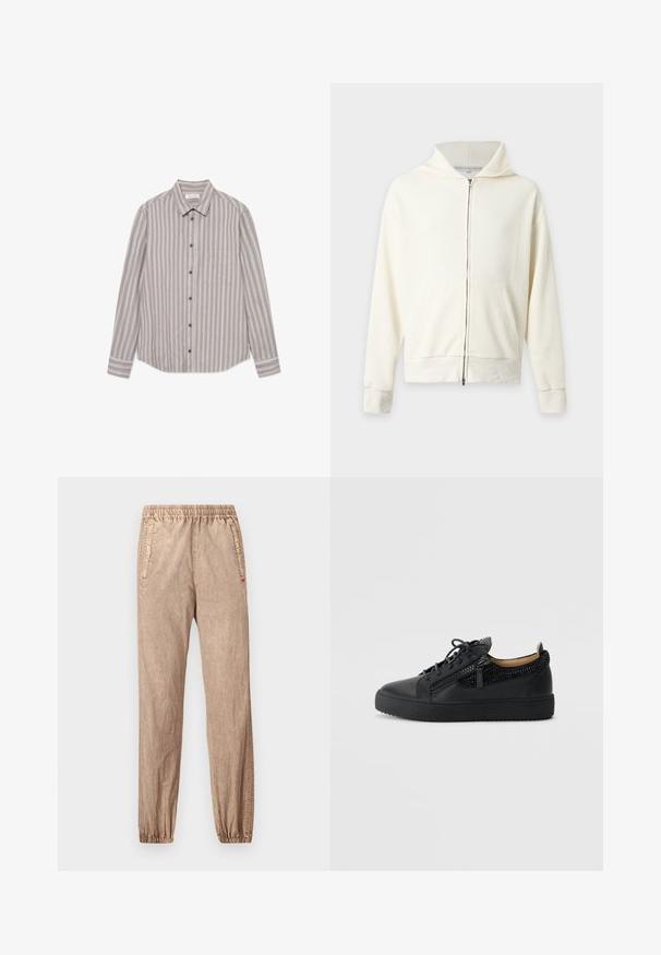 Sudadera con capucha de color blanco roto con cremallera, de tejido acanalado, con bolsillos delanteros y mangas largas, mostrada sobre un fondo claro y liso.; Camisa de manga larga a rayas en tonos beige y gris, hecha de una tela texturizada. Presenta un cuello clásico, cierre de botones en la parte delantera y un bolsillo en el pecho.; Pantalones jogger de color caqui hechos de tela texturizada, con cintura elástica, bolsillos laterales y puños elásticos en los tobillos.; Zapatilla de cuero negra con acentos texturizados en negro, puntera redonda, parte frontal con cordones y suela gruesa negra. Cuenta con una cremallera lateral para facilitar su uso.