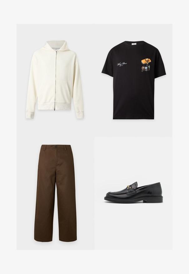 Sweat à capuche zippé côtelé blanc cassé avec poches devant et manches longues, présenté sur un fond clair uni.; T-shirt noir avec texte blanc "Filling Pieces" sur la poitrine gauche et un petit graphique de personnes filmant une voiture jaune sur la poitrine droite.; Pantalon marron à jambes larges en tissu lisse, avec fermeture à boutons à l'avant et poches latérales, au design épuré et simple.; Mocassins en cuir noir avec un embout rond, présentant des accents en métal doré et des détails de couture, montés sur une semelle en caoutchouc texturé et basse.