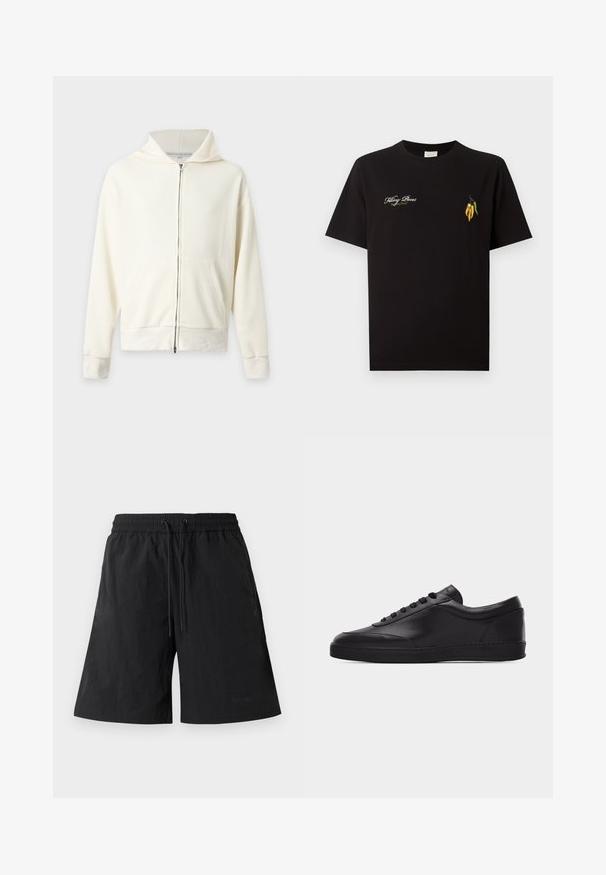 Off-white geribde zip-up hoodie met voorzakken en lange mouwen, afgebeeld tegen een effen lichte achtergrond.; Zwart T-shirt met ronde hals met witte tekst "Filling Pieces 'Baking Bread'" op de linkerborst en kleine geborduurde gele en groene chilipepers op de rechterborst.; Zwarte shorts van lichtgewicht stof met een gestructureerd oppervlak, voorzien van een elastische tailleband en trektouwtjes voor een verstelbare pasvorm.; Zwarte lage leren sneaker met vetersluiting aan de voorkant en een platte rubberen zool, gezien van de zijkant tegen een effen witte achtergrond.