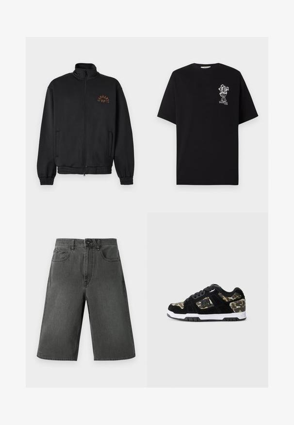 Sort jakke med lynlås, høj krave, elastiske manchetter og "Carhartt WIP"-logo i brunt på venstre bryst.; Sort kortærmet t-shirt med hvidt motiv af blomster i en vase og teksten "Breakfast Klub" på venstre bryst.; Mørkegrå denimshorts med afslappet pasform, der har knaplukning, bæltestropper og to forlommer. Glat tekstur, knælængde.; Sort ruskinds sneaker med camomønster på siden, hvid mellemsål og sort gummisål. Har snørebånd og logo-detalje på siden.
