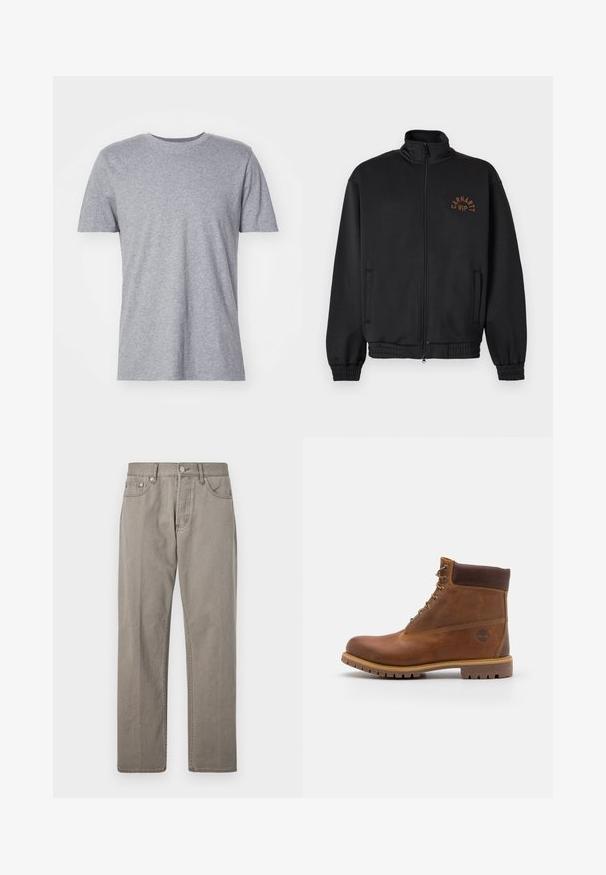 Sort jakke med lynlås, høj krave, elastiske manchetter og "Carhartt WIP"-logo i brunt på venstre bryst.; Grå, kortærmet t-shirt lavet af en bomuldsblanding, der har en klassisk crew neckline og en glat, blød tekstur.; Grå denimbukser med lige ben, der har knaplukning, forlommer og subtile syninger. Ingen mønstre eller slid.; Brun læder vandrestøvle med en glat finish, polstret ankel, metalliske snørehuller og en gummisål med et robust dækmønster.