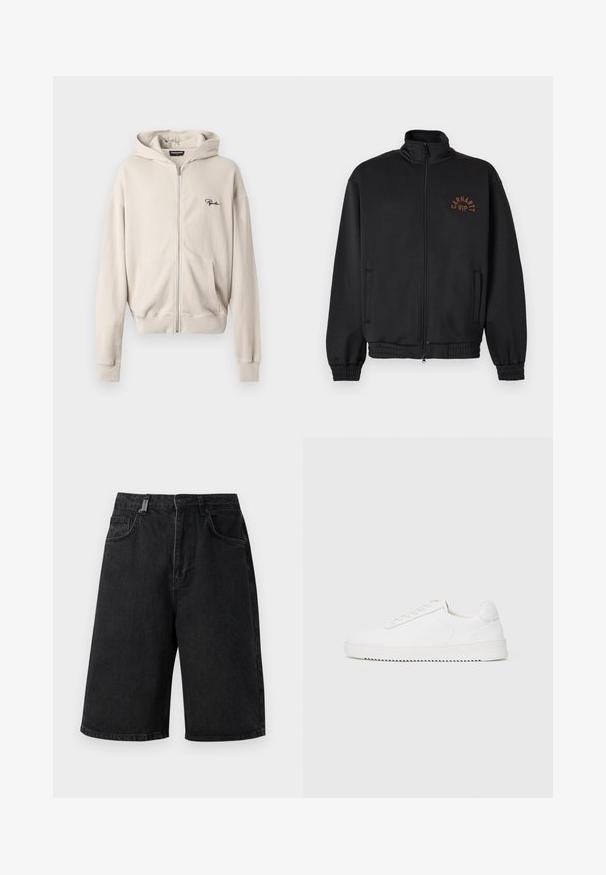 Sort jakke med lynlås, høj krave, elastiske manchetter og "Carhartt WIP"-logo i brunt på venstre bryst.; Beige hættetrøje med lynlås i ribbet stof, med en frontlomme, blød tekstur og et lille sort logo på venstre bryst.; Sorte denim shorts med en løs pasform, mellemhøj talje, fem lommer og bæltestropper. Stoffet har en glat tekstur og subtile syninger.; Hvid sneaker med en glat læderoverdel, rund tå, snørebånd, teksturerede sideaccenter og en tyk gummisål. Minimalistisk design.