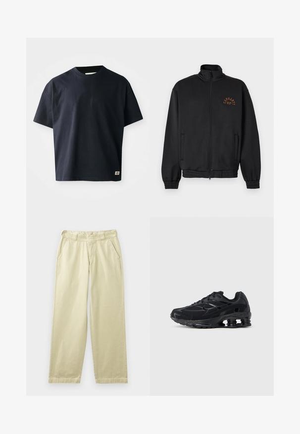 Zwarte jas met ritssluiting, hoge kraag, elastische manchetten en bruine "Carhartt WIP"-logo op de linkerborst.; Marineblauwe T-shirt met korte mouwen en ronde hals, voorzien van een klein rechthoekig merklogo nabij de onderzoom aan de rechtervoorkant.; Beige katoenen broek met een relaxte pasvorm, voorzien van zijzakken, ceintuurlussen en rechte pijpen. Gladde textuur met minimale stikdetails.; Zwarte sportieve schoen met een bovenwerk van mesh, een gevoerde kraag en opvallende dempingstechnologie bij de hiel. Heeft gestructureerde accenten en veters.