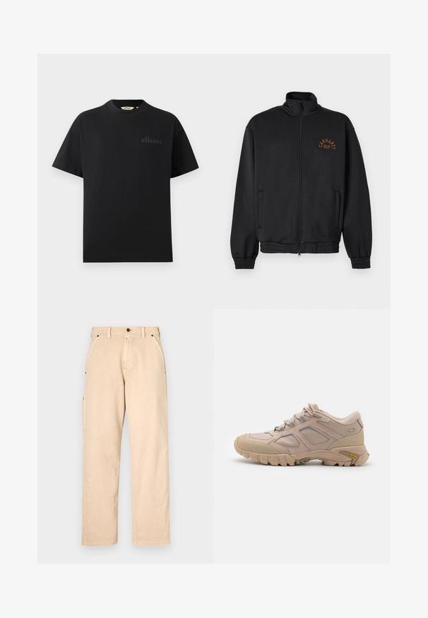 Čierna bunda na zips s vysokým golierom, elastickými manžetami a hnedým logom "Carhartt WIP" na ľavej strane hrude.; Čierne bavlnené tričko so štandardným okrúhlym výstrihom a krátkymi rukávmi. Na hrudi má jemne vyrazené logo.; Béžové bavlnené nohavice so strihom priamo do rovna, s bočnými vreckami, pútkami na opasok a predným zapínaním na gombík. Hladká textura, minimalistický dizajn.; Béžová športová obuv s textúrovanou sieťovinou na vrchu, syntetickým prekrytím a podrážkou Vibram. Obsahuje systém šnurovania a detaily na bočných paneloch.