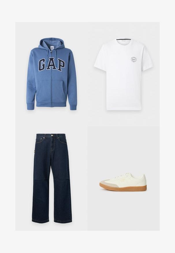 Blauer Kapuzenpullover mit Reißverschluss, Fronttaschen, Kordelzugkapuze und großen "GAP"-Buchstaben in Marineblau und Weiß über der Brust.; Weißes T-Shirt mit kurzen Ärmeln und kleinem rundem schwarzem Logo auf der linken Brust mit der Aufschrift "Pepe Jeans Notting Hill Est. 1973".; Dunkelblaue Denim-Jeans mit geraden Beinen, die ein klassisches Fünf-Taschen-Design, kontrastierende Nähte und ein kleines farbiges Etikett an der Seite aufweisen.; Sneaker aus weißem Leder mit einer beigen Zehenkappe und leichter brauner Gummisohle. Verfügt über flache weiße Schnürsenkel und geprägtes Branding an der Seite.