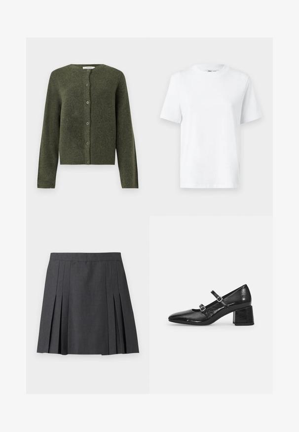Cardigan en laine vert olive à boutons, manches longues et col rond, conçu pour les femmes.; T-shirt en coton blanc à col rond, avec des manches courtes et une texture lisse. Conçu avec une coupe décontractée pour plus de confort et de polyvalence.; ONLY ONLMARION PLEAT SKIRT - Minijupe - dark grey melange; Chaussures Mary Jane en cuir verni noir avec un bout pointu, deux sangles réglables et un talon épais. Texture lisse et finition brillante.