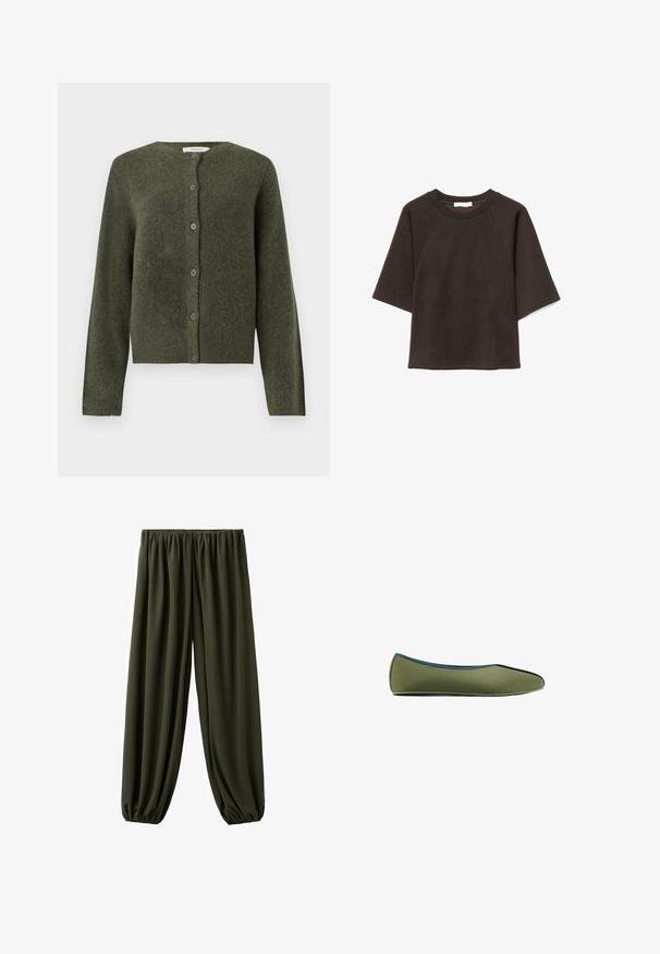 Cardigan en laine vert olive à boutons, manches longues et col rond, conçu pour les femmes.; Sweat-shirt noir à manches courtes avec encolure ronde et coupe décontractée, présenté à plat sur un fond blanc.; Pantalon ample vert olive foncé avec taille élastique et poignets élastiqués froncés aux chevilles, présenté sur un fond blanc uni.; Chaussure plate olive verte à enfiler avec un bout pointu et un liseré bleu contrastant le long du bord supérieur, vue de côté.