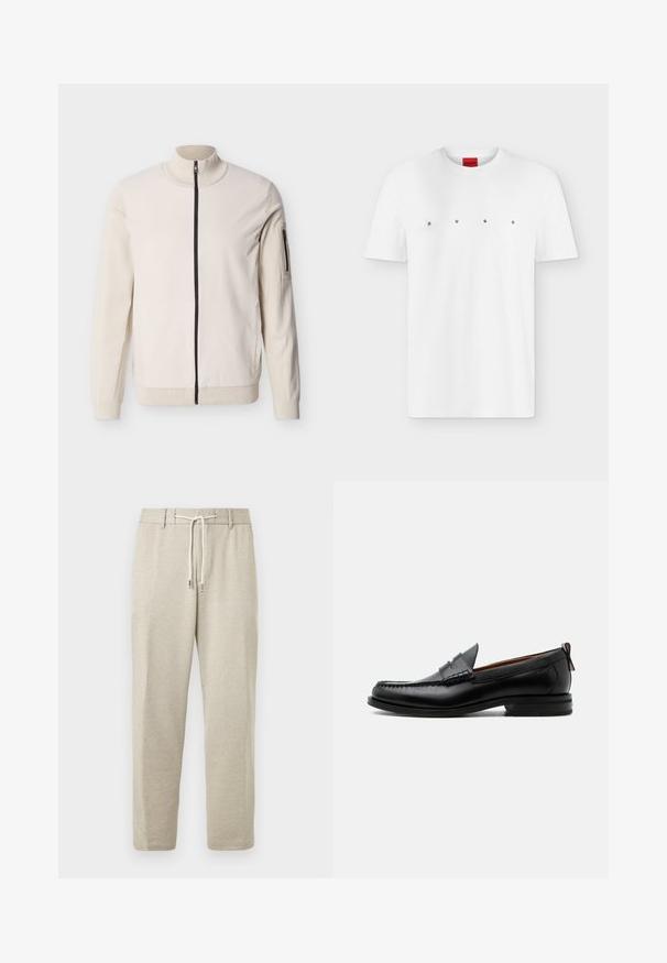Beige jakke med fuld lynlås, ribstrikket krave, manchetter, kant og lynlåslomme på venstre overarm.; Hvid t-shirt med korte ærmer og rund halsudskæring med sorte bogstaver fordelt med mellemrum, der staver HUGO hen over brystet, og en rød mærkat inde i kraven.; Lysebeige atletikbukser med elastisk taljebånd, snøre og manchetter ved anklerne, lavet af blødt, tekstureret stof.; Sort læder herre loafer med moc-tå syning, penny strop, struktureret krave og lav stablet hæl på hvid baggrund.