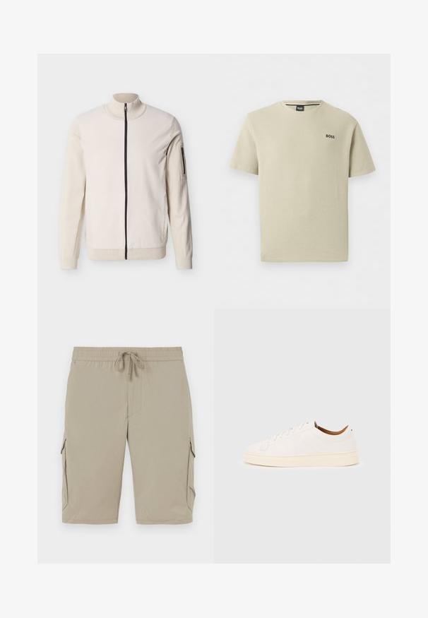 Beige jack met volledige rits, geribde kraag, manchetten en zoom, en een ritszak op de linker bovenarm.; Beige textuur T-shirt met korte mouwen en ronde hals met het "BOSS" logo op de linkerborst.; Beige cargoshorts met een elastische tailleband en een koord. Beschikt over zijzakken en een zachte, lichte stof.; Witte lage sneaker met vetersluiting, minimale stikdetails en een crèmekleurige zool op een lichtgrijze achtergrond.