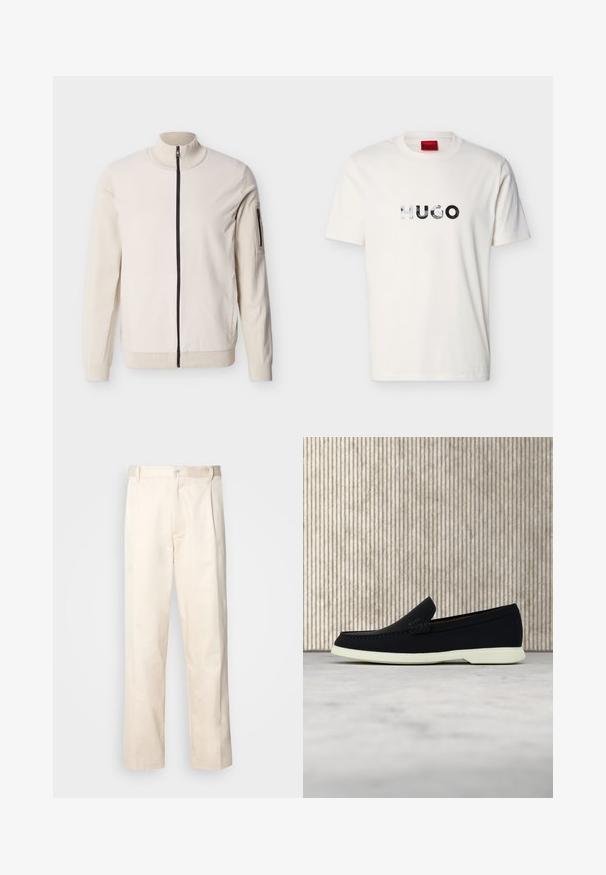 Beige Jacke mit durchgehendem Reißverschluss, geripptem Kragen, Bündchen und Saum sowie einer mit Reißverschluss versehenen Tasche am linken oberen Ärmel.; Weißes T-Shirt mit kurzen Ärmeln und Rundhalsausschnitt, mit reflektierendem "HUGO"-Logo, mittig auf der Brust.; Beige Baumwollhose mit geradem Bein, ausgestattet mit einem Knopfverschluss und Falten an der Vorderseite für zusätzliche Details.; Schwarzer Slipper mit runder Zehenpartie, präsentiert sich mit einem strukturierten Obermaterial, glatter weißer Sohle und einem dezenten Branding-Detail an der Seite.