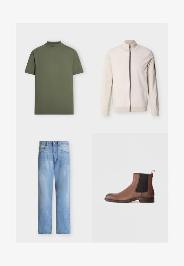 Veste beige à fermeture éclair intégrale avec col, poignets, ourlet côtelés et poche zippée sur la partie supérieure gauche de la manche.; T-shirt vert olive à manches courtes avec un col côtelé haut et un logo texte "BOSS" au centre avant du col.; Jean droit en denim bleu clair avec fermeture par bouton et zip, poches avant et arrière, et passants de ceinture à la taille.; Bottines Chelsea en cuir marron avec une finition texturée, des panneaux latéraux élastiques et une languette. Elles disposent d'une semelle en caoutchouc pour une meilleure adhérence.