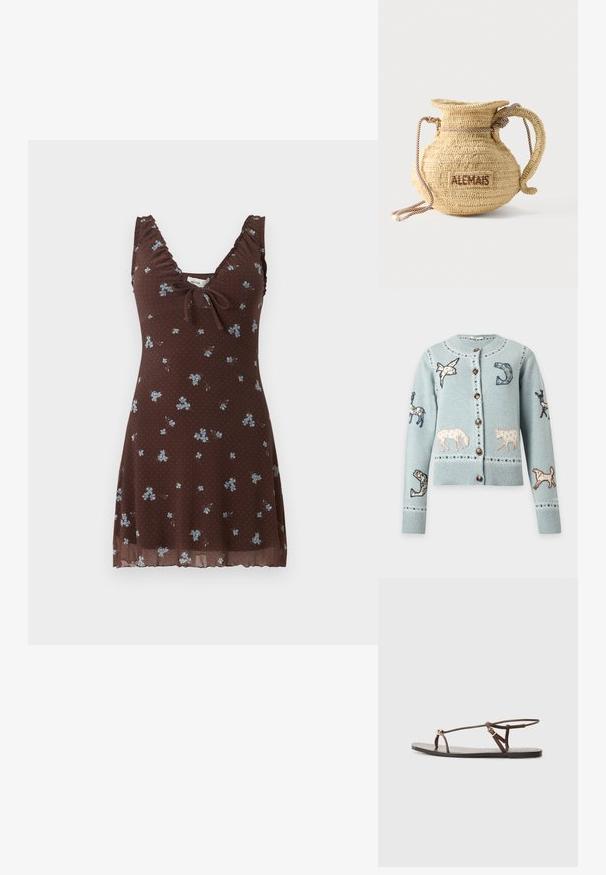 Cardigan bleu clair boutonné avec des animaux brodés dont un oiseau, un cheval, une vache, un chien, ainsi que des motifs décoratifs sur les manches et le devant.; Robe marron sans manches avec petit imprimé floral bleu, bretelles froncées, col en V et détail noué à l'avant.; Sandale en cuir marron avec des fines lanières, un accent circulaire doré et une semelle plate. Design minimaliste avec un détail de boucle réglable.; Sac à main rond en paille tissée avec une anse en corde et "ALEMAIS" brodé sur le côté en fil marron.