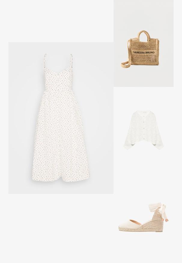 Cardigan blanc tricoté avec boutons sur le devant, manches longues et motif en maille ajourée, présenté sur fond blanc.; Madewell ALEXA RUFFLE BODICE BUTTON DOWN MIDI DRESS PRINT - Robe chemise - lighthouse; Escarpin compensé en toile beige avec un dos texturé, un ruban de cheville crème et une semelle en jute tressé. Bout arrondi avec un léger talon.; Sac à main beige tissé avec deux poignées, une longue bandoulière, un design en tissage ouvert, et "VANESSA BRUNO" brodé en noir à l'avant.