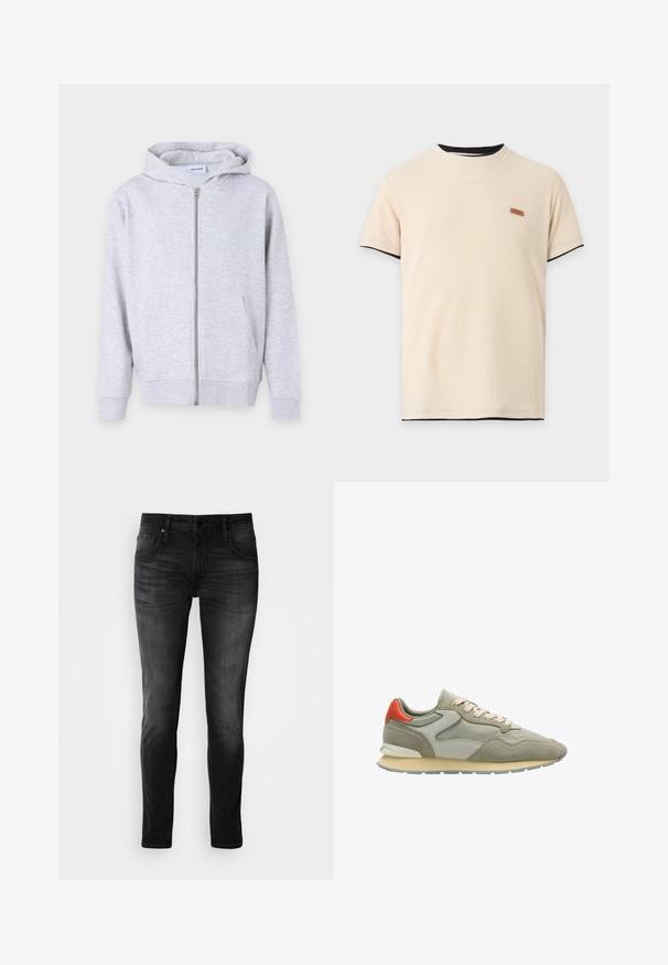 Grijze rits hoodie gemaakt van zachte stof, met een capuchon, voorkeurszakken, ribgebreide manchetten en een rechte zoom.; Beige kortermouw ribgebreide t-shirt met zwarte rand aan de kraag en mouwranden, en een klein bruin rechthoekig logo op de borst.; Zwarte denim jeans met een slim fit, vijf zakken ontwerp, subtiele vervaging en contrasterende stiksels. Voorzien van een klassieke metalen knoop- en ritssluiting.; Casual herensneaker in beige en grijs suède met lichtroze veters en een rood accent op de hiel, gezien vanaf de buitenkant.