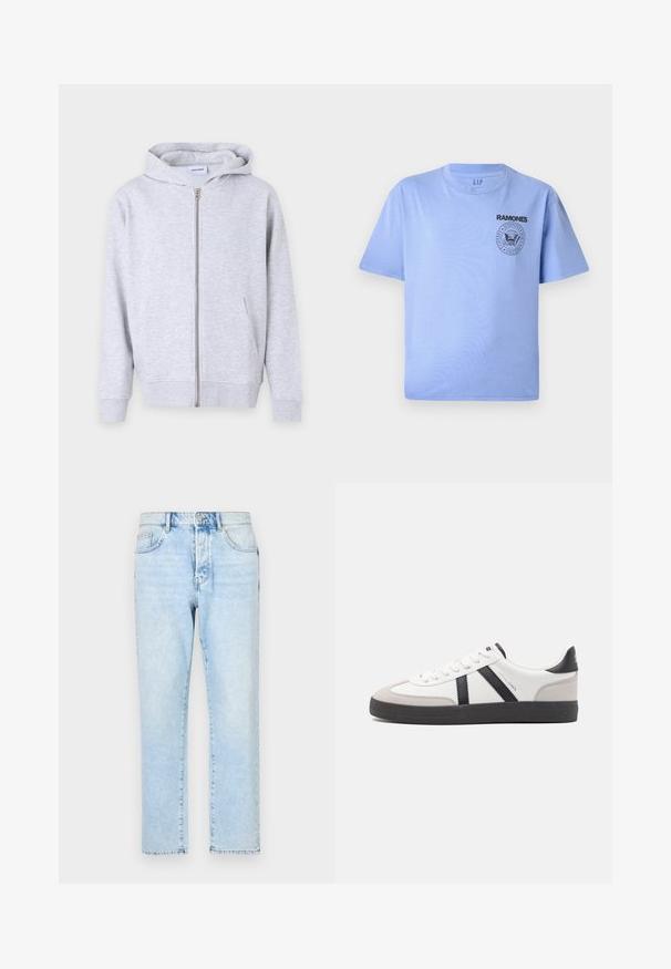 Grå zip-up hættetrøje lavet af blødt stof, med hætte, forlommer, ribbede manchetter og en lige kant.; Lys blå bomulds t-shirt med korte ærmer, rund hals og sort "Ramones" logo tryk på venstre brystområde. Glat tekstur.; Lysblå denimbukser med lige ben, falmede detaljer og traditionelt fem-lomme design. Lukkes med lynlås og knap foran.; Hvide sneakers med sorte og grå detaljer, med en tekstureret grå tåhætte, sort gummisål og flade hvide snørebånd. Rent design, minimalistisk stil.