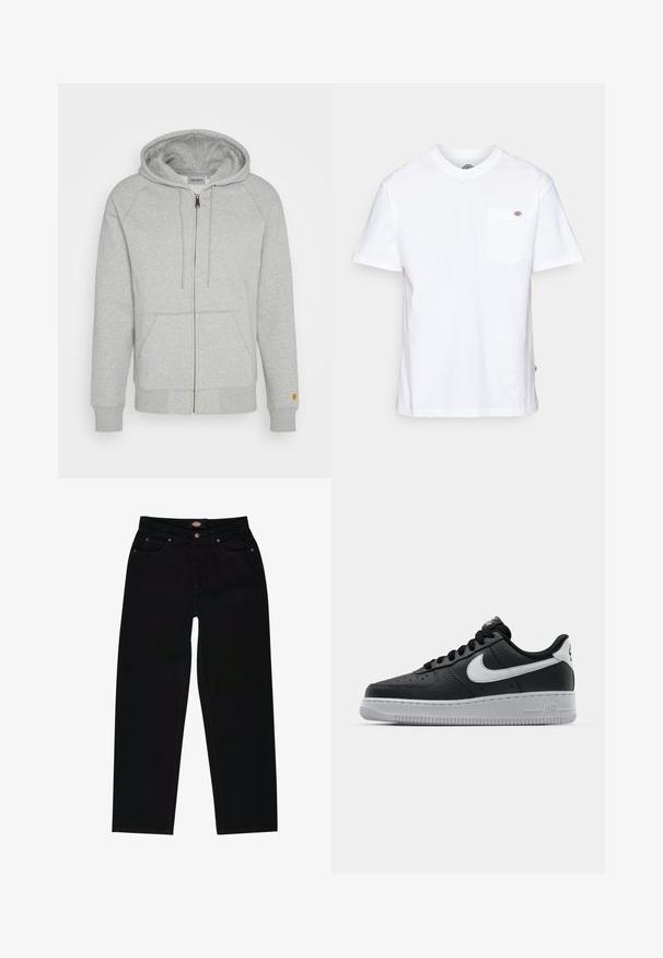 Graue Zip-Hoodie aus weichem Baumwollmix, mit Kapuze, Vordertaschen, gerippten Bündchen und Saum sowie einem goldenen Logo-Detail am Ärmel.; Weißes Baumwoll-T-Shirt mit Rundhalsausschnitt, kurzen Ärmeln und einer Brusttasche, die auf der linken Seite ein kleines Markenlogo aufweist.; Schwarze Jeans aus Denim im geraden Schnitt, mit fünf Taschen, braunen Nähten und einem Reißverschluss. Glatte Textur und hochwertiges Material.; Schwarze Ledersneaker mit strukturierten Oberflächen, weißem Nike-Swoosh, grauer Sohle, runder Zehenpartie und Schnürdesign. Verfügt über Perforationen an der Zehenbox.