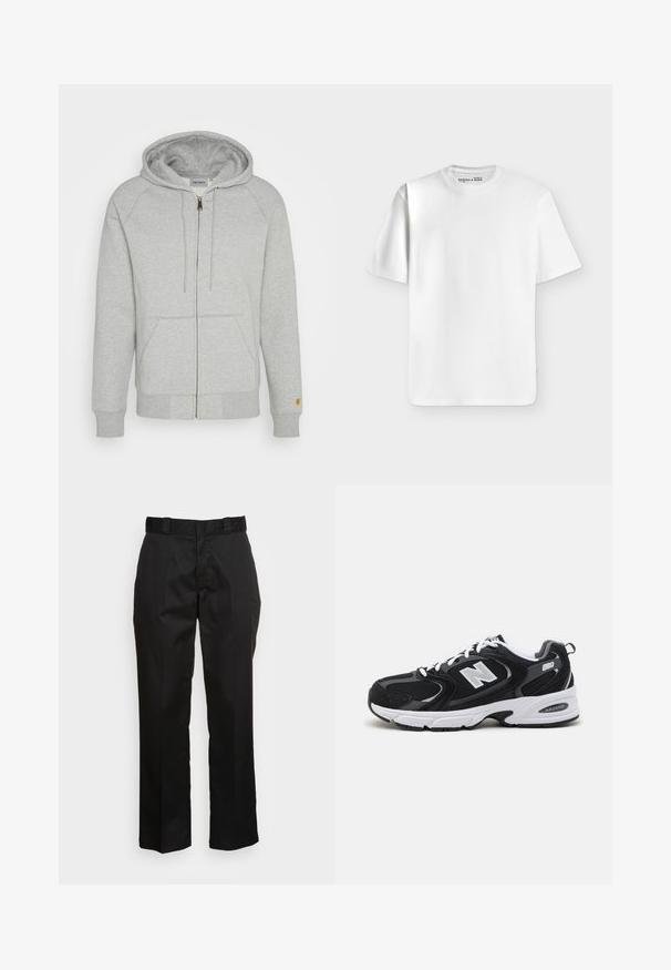 Grijze zip-up hoodie van zachte katoenmix, met een capuchon, voorzakken, geribbelde manchetten en zoom, met een gouden logo-accent op de mouw.; Effen wit T-shirt met korte mouwen en een ronde hals, plat liggend op een lichtgrijze achtergrond met een klein merkje aan de binnenkant van de halslijn.; Zwarte broek van een gladde stof, met een rechte pijp ontwerp, riemlussen en twee zijzakken. Klassieke uitstraling zonder versieringen.; Zwarte en grijze sport schoenen met een bovenwerk van mesh en suede, voorzien van een witte tussenzool, veters en een gedurfde "N"-logo aan de zijkant.