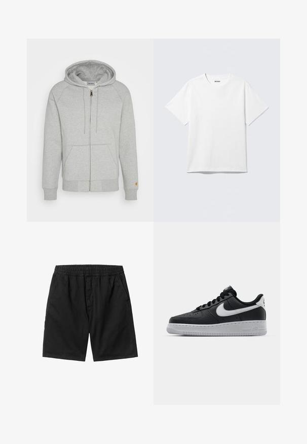 Sweatshirt zippé gris en mélange de coton doux, doté d'une capuche, de poches frontales, de poignets et d'un ourlet côtelés, avec un accent logo doré sur la manche.; T-shirt blanc à manches courtes et col rond, étalé à plat, design uni, avec l'étiquette "WEEKDAY" à l'intérieur du col sur un fond clair.; Shorts noirs avec une taille élastique, des poches latérales et une coupe droite. Fabriqués à partir d'un tissu léger avec une texture lisse.; Baskets en cuir noir avec surface texturée, swoosh Nike blanc, semelle grise, bout rond et design à lacets. Comprend des perforations sur la boîte à orteils.