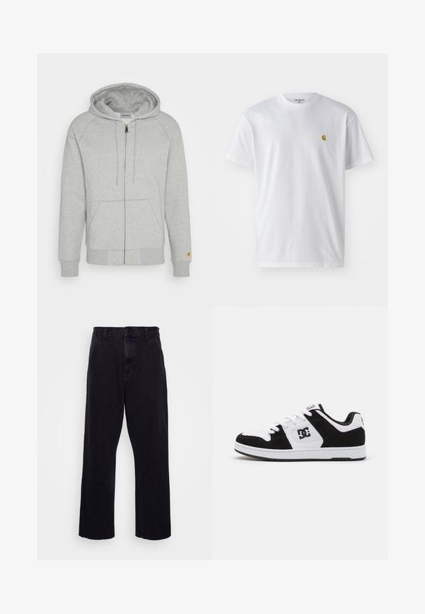 Graue Zip-Hoodie aus weichem Baumwollmix, mit Kapuze, Vordertaschen, gerippten Bündchen und Saum sowie einem goldenen Logo-Detail am Ärmel.; Weißes Baumwoll-T-Shirt mit kurzen Ärmeln, Rundhalsausschnitt, mit einem kleinen goldenen Logo im linken Brustbereich. Weicher Stoff und normale Passform.; Schwarze Jeanshose mit geradem Bein, ausgestattet mit einem Knopf- und Reißverschluss, Gürtelschlaufen und minimalen Nähdetails.; Schwarz-weißer Sneaker aus einer Kombination von Leder und Wildleder, mit perforierter Zehenpartie, strukturierten Akzenten und Logodetail.