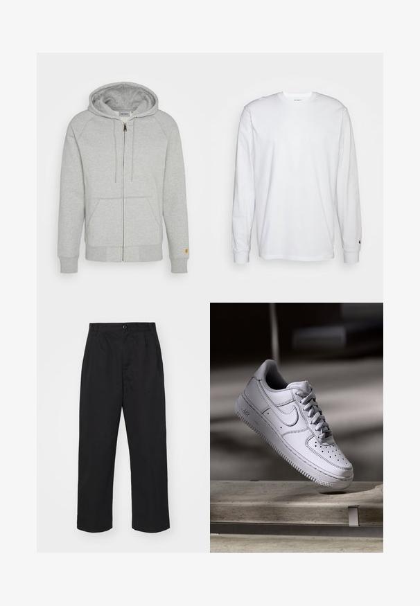 Grey zip-up hoodie in soft cotton blend, featuring a hood, front pockets, ribbed cuffs and hem, with a gold logo accent on the sleeve.; White long-sleeved T-shirt made of cotton. Crew neck design with ribbed cuffs and a small logo on the left sleeve. Smooth texture.; Black cotton trousers with a straight fit, featuring a button closure, two front pockets, and a smooth texture.; White leather Nike Air Force 1 sneaker features a perforated toe, flat laces, and textured rubber sole with “AIR” branding on the side.