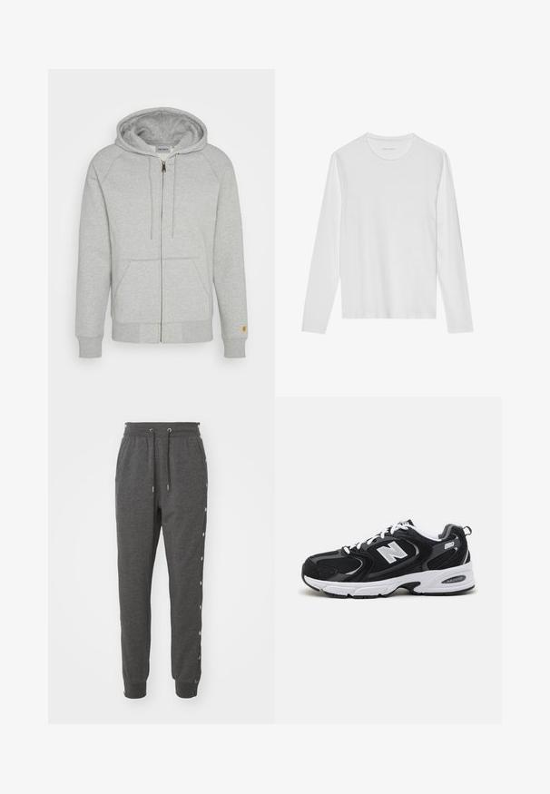 Sweatshirt zippé gris en mélange de coton doux, doté d'une capuche, de poches frontales, de poignets et d'un ourlet côtelés, avec un accent logo doré sur la manche.; T-shirt blanc à manches longues en coton doux, avec un col rond et une texture lisse sans motifs ni accents visibles.; Pantalon de survêtement gris en tissu doux, avec une taille élastique à cordon de serrage, des poignets aux chevilles et des boutons-pression sur les côtés pour un accès facile.; Baskets de sport noires et grises avec un tige en mesh et en suède, présentant une semelle intermédiaire blanche, des lacets et un logo "N" audacieux sur le côté.
