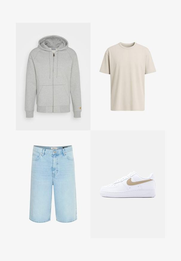 Graue Zip-Hoodie aus weichem Baumwollmix, mit Kapuze, Vordertaschen, gerippten Bündchen und Saum sowie einem goldenen Logo-Detail am Ärmel.; Helles, beige T-Shirt mit kurzen Ärmeln und Rundhalsausschnitt in lockerer Passform auf einem weißen Hintergrund.; Hellblaue Jeansshorts mit entspannter Passform, fünf Taschen-Design, einfache Knopfverschluss und Kontrastnähte entlang der Nähte.; Weißer Nike Air Force 1 Sneaker mit niedrigem Schaft, beigem Swoosh-Logo, perforierter Zehenkappe und weißer Gummisohle auf einfarbigem hellgrauem Hintergrund.