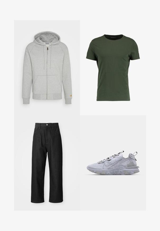 Graue Zip-Hoodie aus weichem Baumwollmix, mit Kapuze, Vordertaschen, gerippten Bündchen und Saum sowie einem goldenen Logo-Detail am Ärmel.; Dunkelgrünes Baumwoll-T-Shirt mit klassischem Rundhalsausschnitt, kurzen Ärmeln und einer glatten Textur. Einfaches, ungeschmücktes Design.; Schwarze Jeanshose mit relaxtem Schnitt, hohem Bund, Reißverschluss und Fünf-Taschen-Design. Sichtbare Nähte setzen Akzente.; Hellgrauer Turnschuh mit einem atmungsaktiven Mesh-Obermaterial, strukturiertem Gummisohle und reflektierenden Akzenten. Verfügt über einen gepolsterten Kragen und ein Schnürdesign.