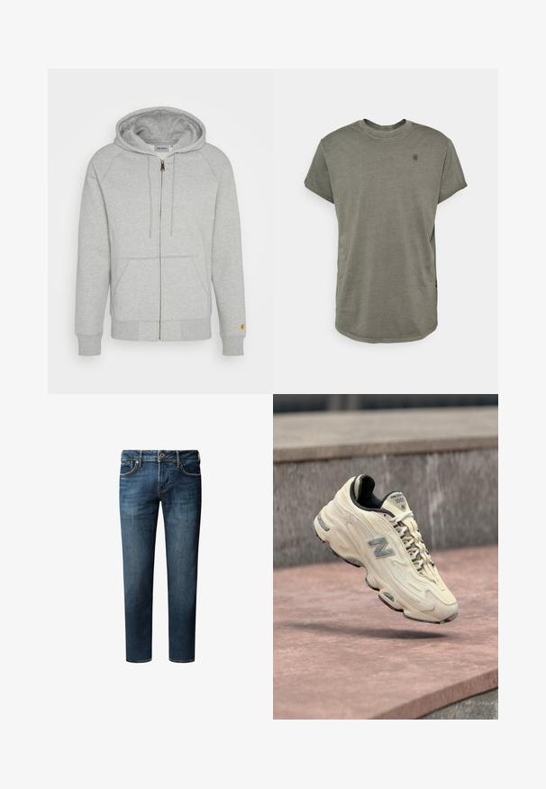 Grå zip-up hættejakke i blød bomuldsblanding med hætte, forlommer, ribbede manchetter og kant, samt en gul logo detalje på ærmet.; G-STAR LASH - T-shirts basic - GREY; Mørkeblå denim jeans med lige ben, der har fem lommer, knaplukning og subtile falme detaljer på stoffet.; Kremfarvet New Balance 1000-sneaker med hvide snørebånd, gråt logo og sort inderside, vist i luften over en stenet overflade.