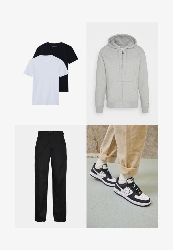 Grå zip-up hættejakke i blød bomuldsblanding med hætte, forlommer, ribbede manchetter og kant, samt en gul logo detalje på ærmet.; To kortærmede t-shirts med rund hals, en sort og en hvid, lavet af blødt bomuldsstof med ribbet struktur. Klassisk pasform design.; Sorte cargo bukser med lige pasform, der har sidelommer, knaplukning og elastiske manchetter ved anklerne. Fremstillet af slidstærkt stof.; Sorte og hvide Nike Air Force 1 sneakers med læderoverdel, perforeret tå og tekstureret såldetalje, båret med rullede beige bukser og hvide sokker.