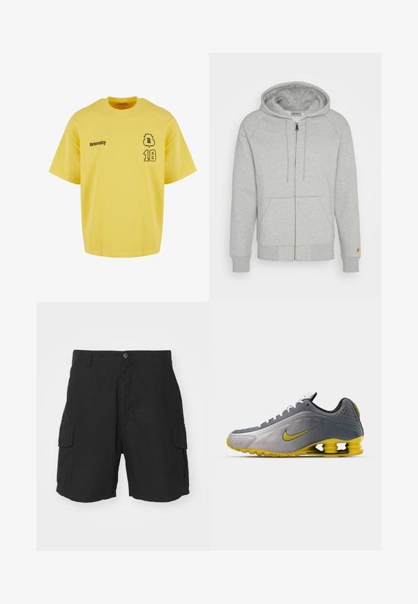 Sweatshirt zippé gris en mélange de coton doux, doté d'une capuche, de poches frontales, de poignets et d'un ourlet côtelés, avec un accent logo doré sur la manche.; T-shirt en coton jaune à col rond, à manches courtes, ornée du texte imprimé en noir "Reternity" et du numéro "18" avec un accent décoratif.; Shorts cargo noirs en tissu léger, avec deux poches latérales, une fermeture à bouton et une coupe décontractée arrivant au milieu de la cuisse.; Nike Sportswear SHOX R4 SE UNISEX - Baskets basses - vast grey/bright citron/light graphite/smoke grey/white/black