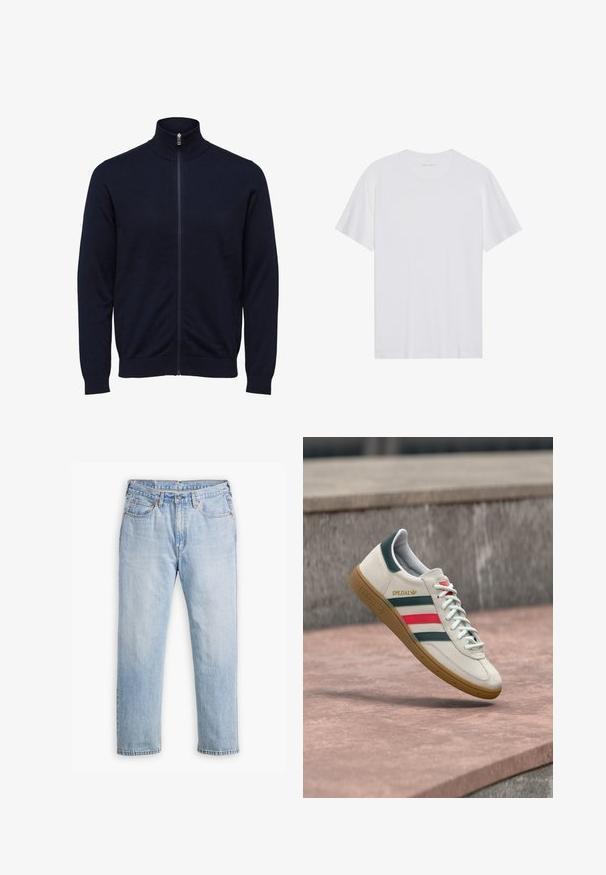 Marineblauer Full-Zip-Pullover mit hohem Kragen und langen Ärmeln, gerippten Bündchen und Saum, auf weißem Hintergrund dargestellt.; Weißes Baumwoll-T-Shirt mit kurzen Ärmeln, Rundhalsausschnitt und glatter Textur. Verfügt über eine minimale Markenkennzeichnung am Halsausschnitt.; Helle blaue Denim-Jeans mit geradem Bein, im Fünf-Taschen-Stil und kontrastierenden Nähten. Knopf- und Reißverschluss an der Taille.; Weißer Adidas Sneaker mit grünen und roten Streifen, Gummisohle und "SPEZIAL"-Branding, der über einem Steinpflaster schwebt.