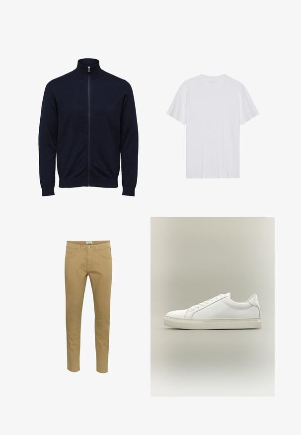 Marineblauer Full-Zip-Pullover mit hohem Kragen und langen Ärmeln, gerippten Bündchen und Saum, auf weißem Hintergrund dargestellt.; Weißes Baumwoll-T-Shirt mit kurzen Ärmeln, Rundhalsausschnitt und glatter Textur. Verfügt über eine minimale Markenkennzeichnung am Halsausschnitt.; Beige Chinos im Slim-Fit. Hergestellt aus einem Baumwollmischgewebe, mit zwei seitlichen Taschen und einer einzelnen Gesäßtasche, abgeschlossen mit einer Knopfschließe.; Weißer Sneaker mit niedrigem Schaft, vorn mit Schnürung und dicker Sohle, aus der Seitenansicht vor neutralem Hintergrund.