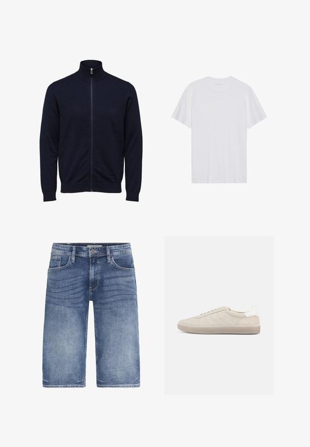 Pull bleu marine avec fermeture éclair intégrale, col montant et manches longues, poignets et ourlet côtelés, présenté sur fond blanc.; T-shirt en coton blanc à manches courtes, col rond et texture lisse. Présente un branding minimal au niveau du col.; Shorts en denim bleu clair, avec une coupe classique, cinq poches, fermeture à bouton et un léger dégradé sur le tissu pour une texture.; Baskets en daim beige avec une tige texturée, un contrefort de talon blanc lisse, de fines lacets et une semelle extérieure en caoutchouc. Présente un design bas profil.