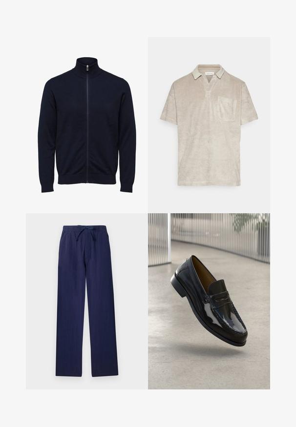 Pull bleu marine avec fermeture éclair intégrale, col montant et manches longues, poignets et ourlet côtelés, présenté sur fond blanc.; Polo-shirt beige à manches courtes en tissu doux et texturé, avec un col et une poche poitrine.; Pantalons larges bleu marine fabriqués en tissu léger. Dotés d'une taille élastique avec cordon de serrage et de poches latérales. Texture lisse.; Mocassin en cuir verni noir avec un accent cousu, bout rond, petit talon et surface lisse, présenté sur un fond neutre.