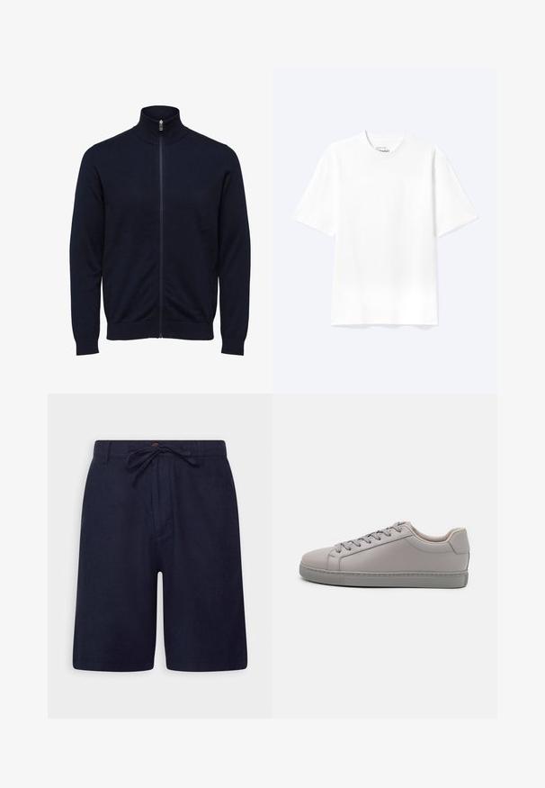 Navyblå hættejakke med høj krave og lange ærmer, ribstrikkede manchetter og kant, vist på hvid baggrund.; Enkel hvid T-shirt med korte ærmer og rund hals med afslappet pasform, vist på en lys baggrund.; Marineblå shorts lavet af et let materiale, med elastisk talje, knaplukning og sidelommer. Glat tekstur og skræddersyet pasform.; Grå lædersneaker med en glat finish, flade snørebånd, rund tå og en kontrasterende grå gummisål. Minimalistisk design og tekstur.